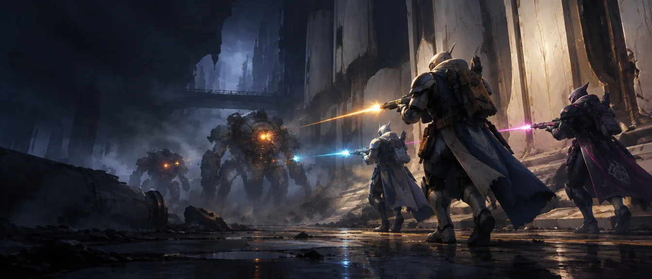 Fireteam tiga Keeper menembak mesin-mesin besar di lorong pengecoran; tembakan mereka jingga, cyan, dan magenta.