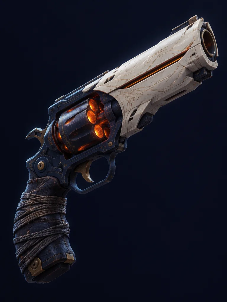 Last Ember: hand cannon berlaras keramik gading dengan silinder enam peluru yang berpijar seperti bara.