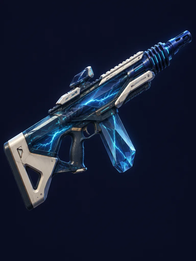 Stormglass: pulse rifle berbadan kaca gelap dengan kilat cyan terperangkap di dalamnya.